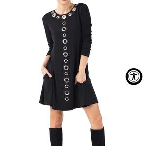 Eva Varro Long Sleeve A-line Dress‎ Black with Silver Grommets Size Small Baddie